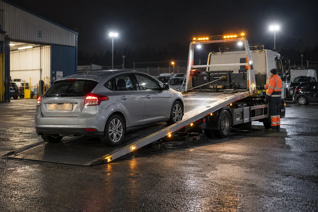 A car being loaded onto a recovery truck at a lit night depot