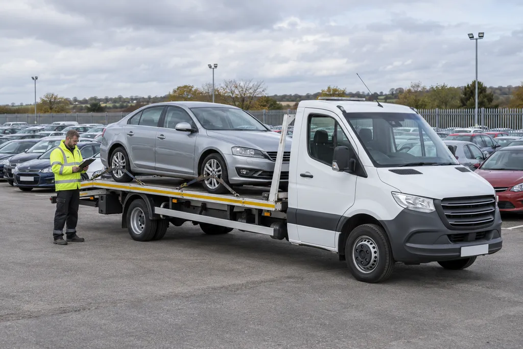 Transporter collecting a car from a vehicle auction storage lot