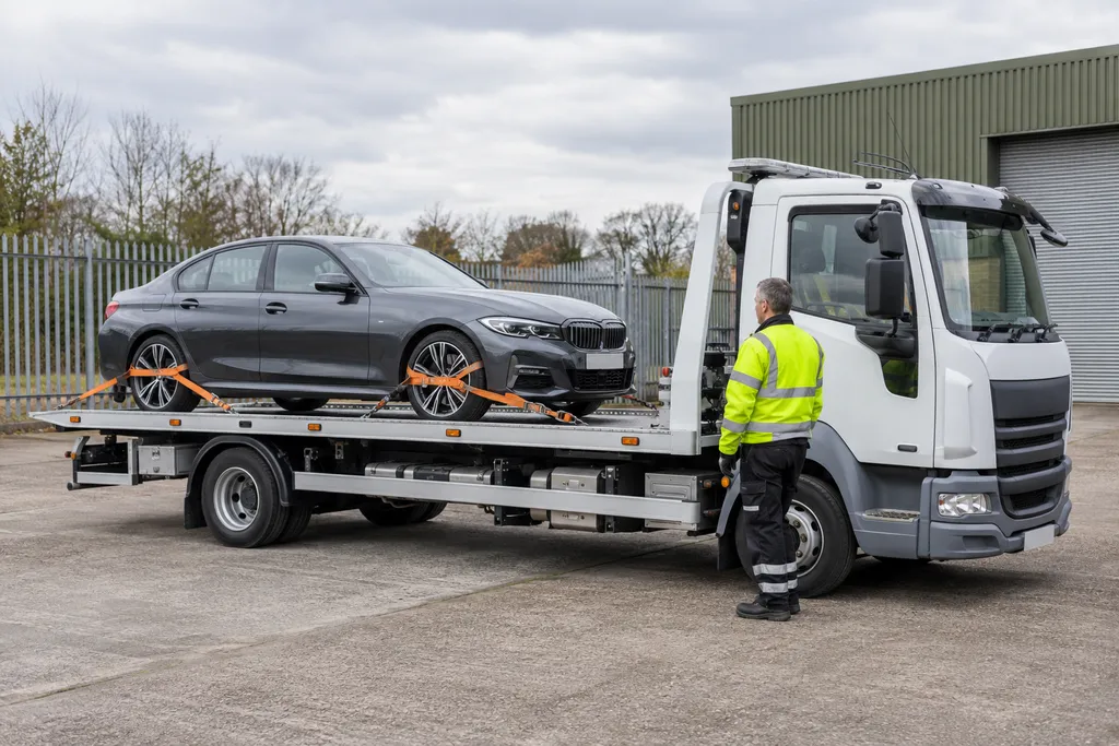 Modern automatic saloon secured on a flatbed recovery truck in a UK yard