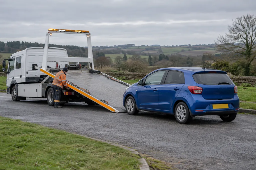 A hatchback and recovery truck in a quiet countryside layby