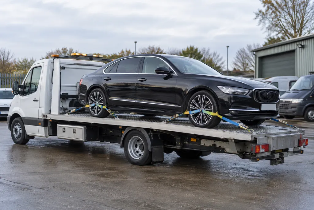 A saloon secured on a recovery flatbed in a depot
