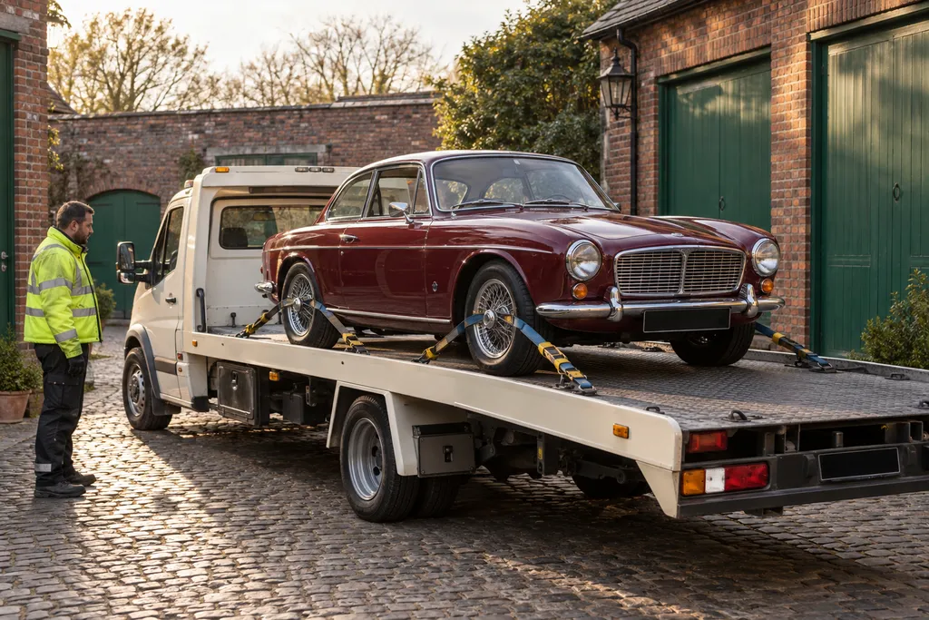 Classic British car safely strapped on a recovery transporter