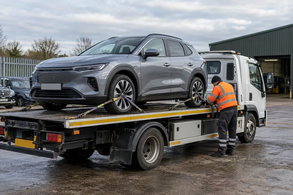 An electric vehicle secured with all four wheels on a flatbed