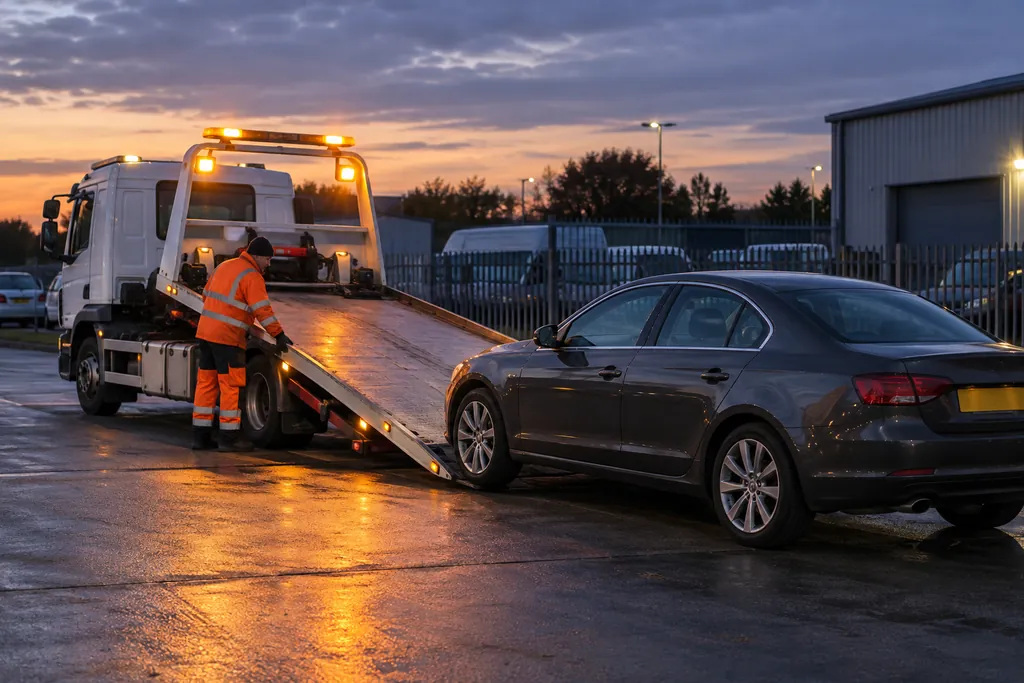 A recovery truck beside a car at dusk in a safe depot