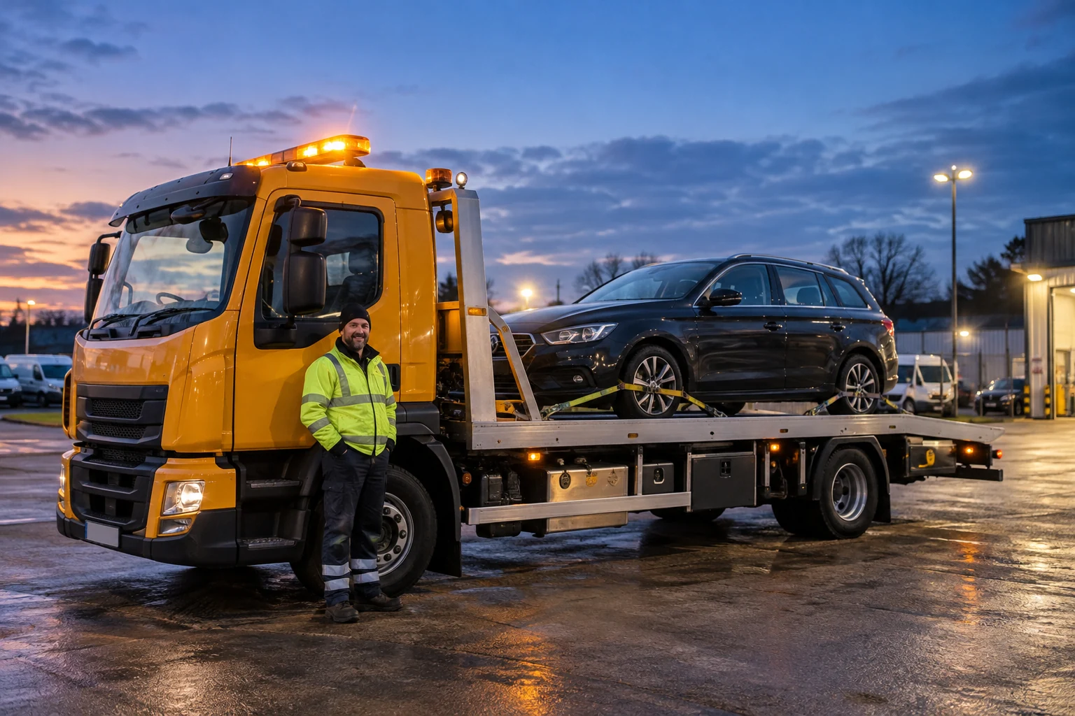 An amber recovery truck with a secured car and technician at blue hour