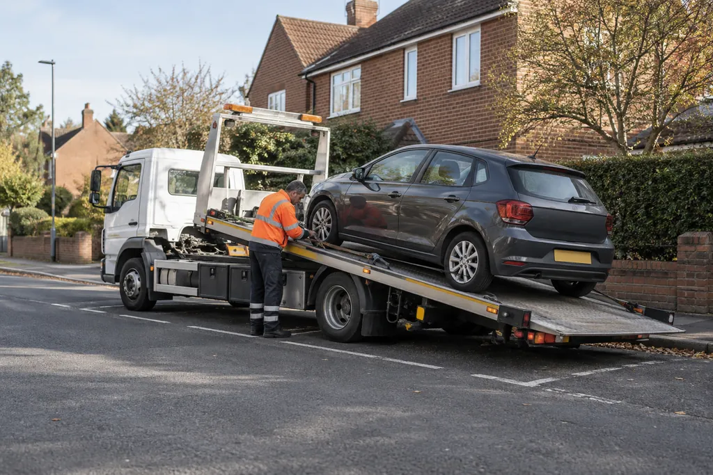 A recovery truck and car parked safely on a residential street