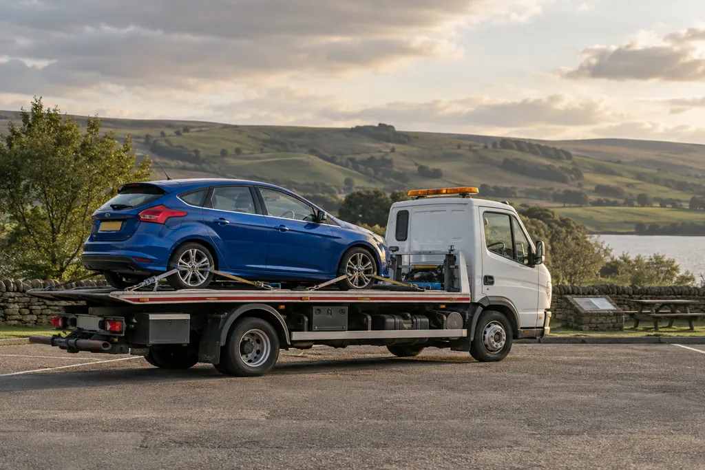 A loaded recovery flatbed at a countryside rest area