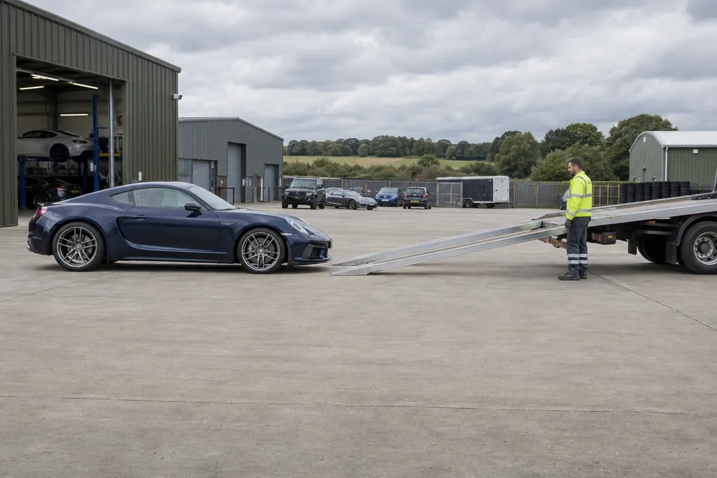 Low sports coupe aligned with shallow extended recovery ramps