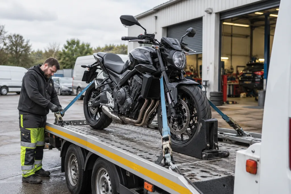 A motorcycle upright and secured on a recovery carrier