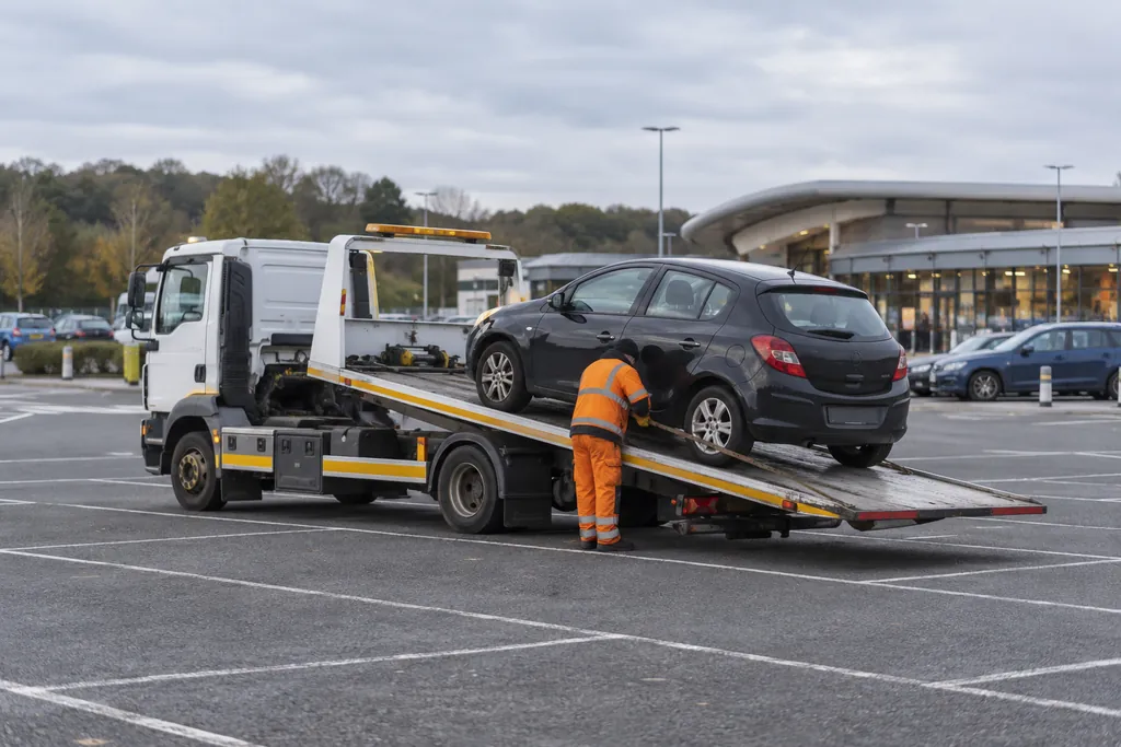 A recovery truck and car parked safely in a motorway service area
