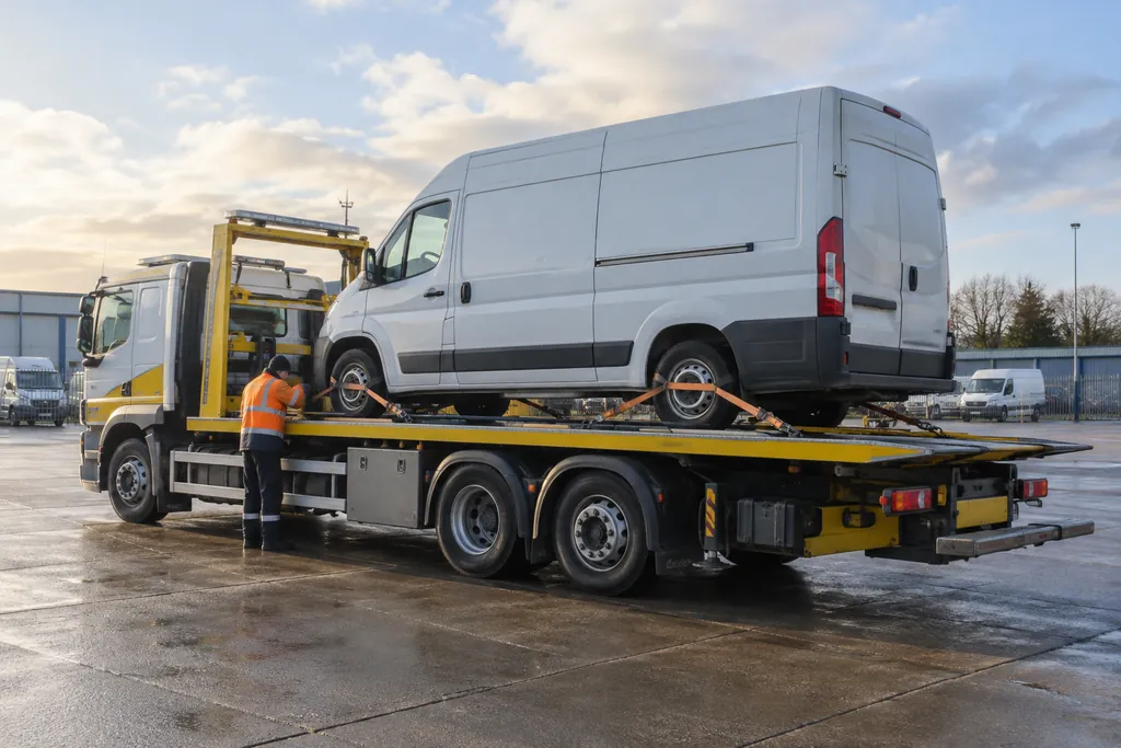 A panel van secured on a large recovery low-loader