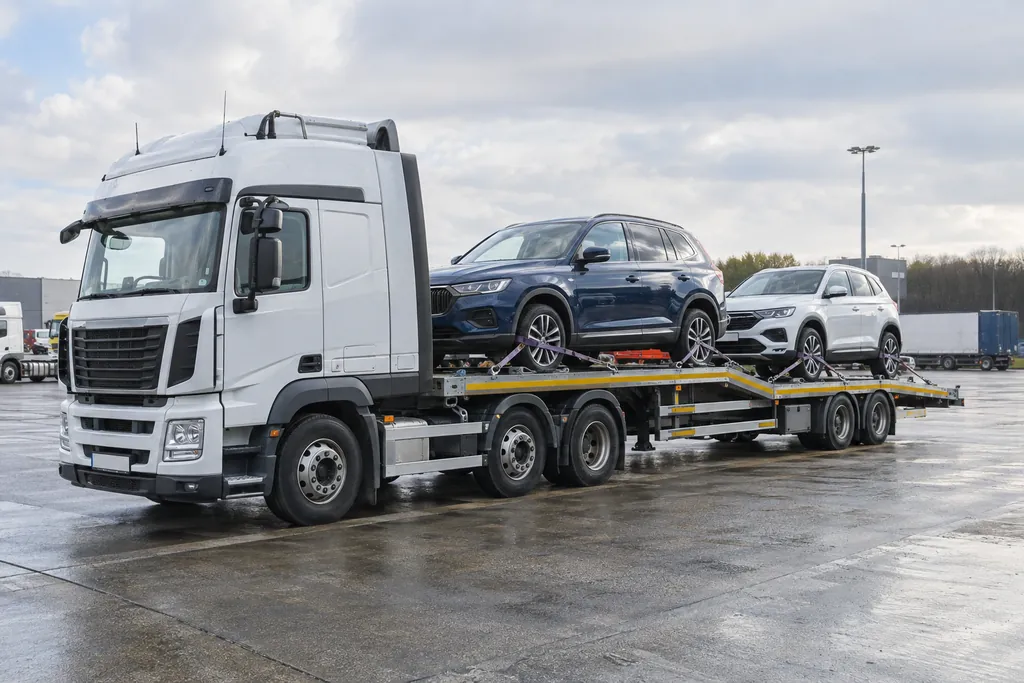 Cars secured on a transporter at a logistics apron